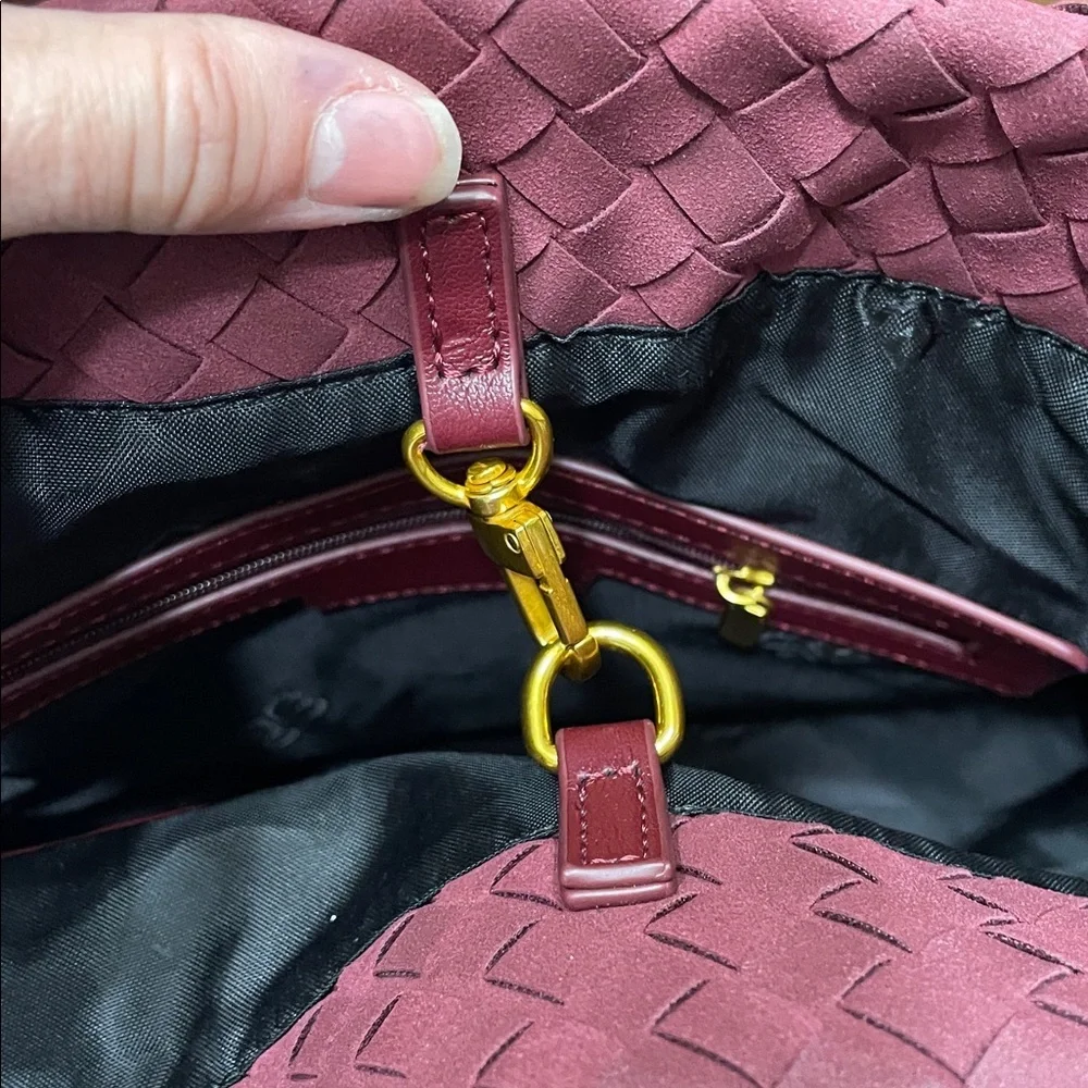 Burgundy faux, leather woven tote
